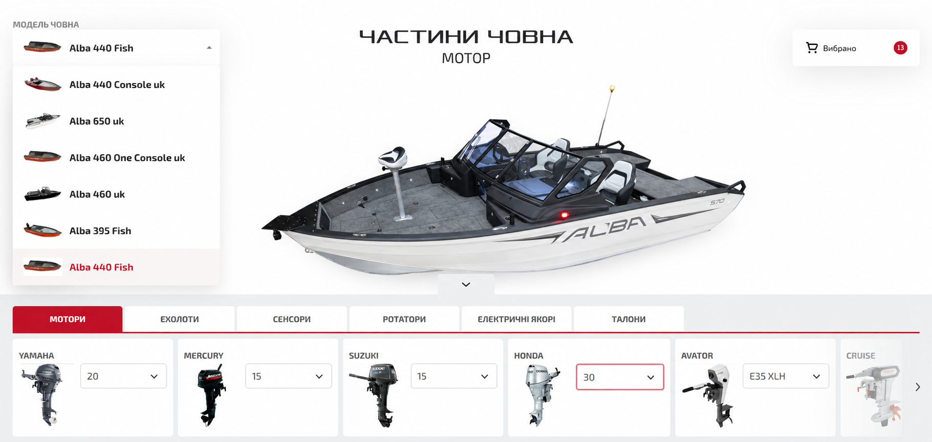 Alba motorboat equipment and engine selection