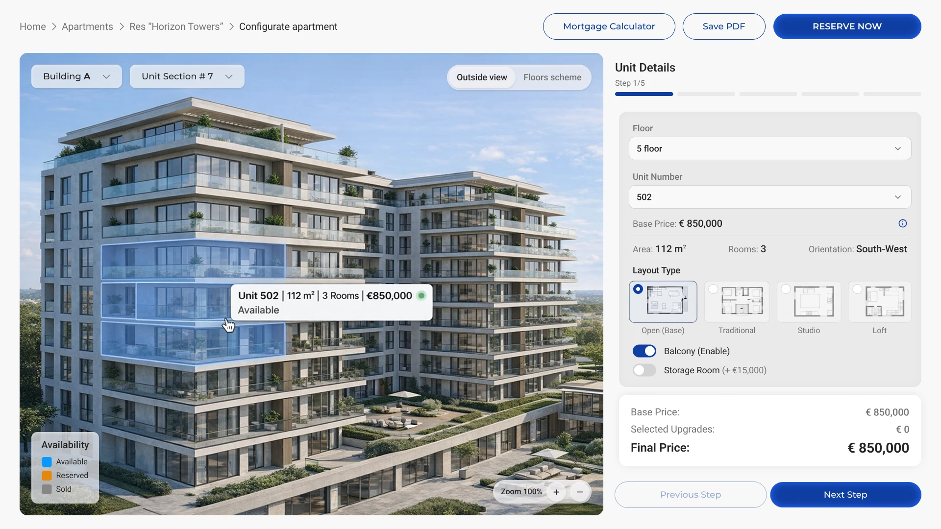 Apartment setup parameters for purchase in the residential complex designer