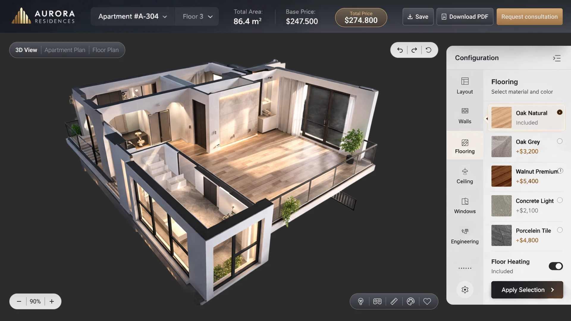 Customizing properties in a 3D apartment builder
