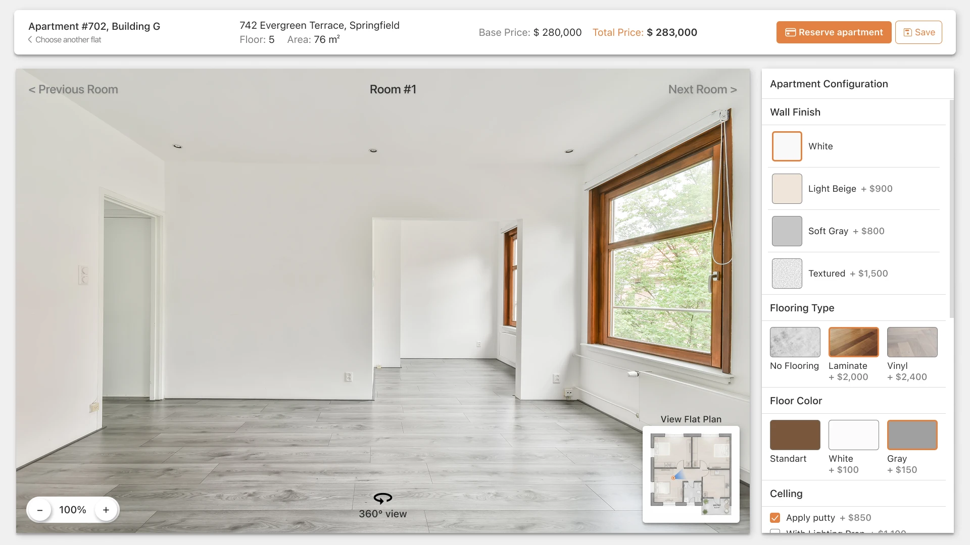 VR mode in interactive 3D apartment configurator for real estate