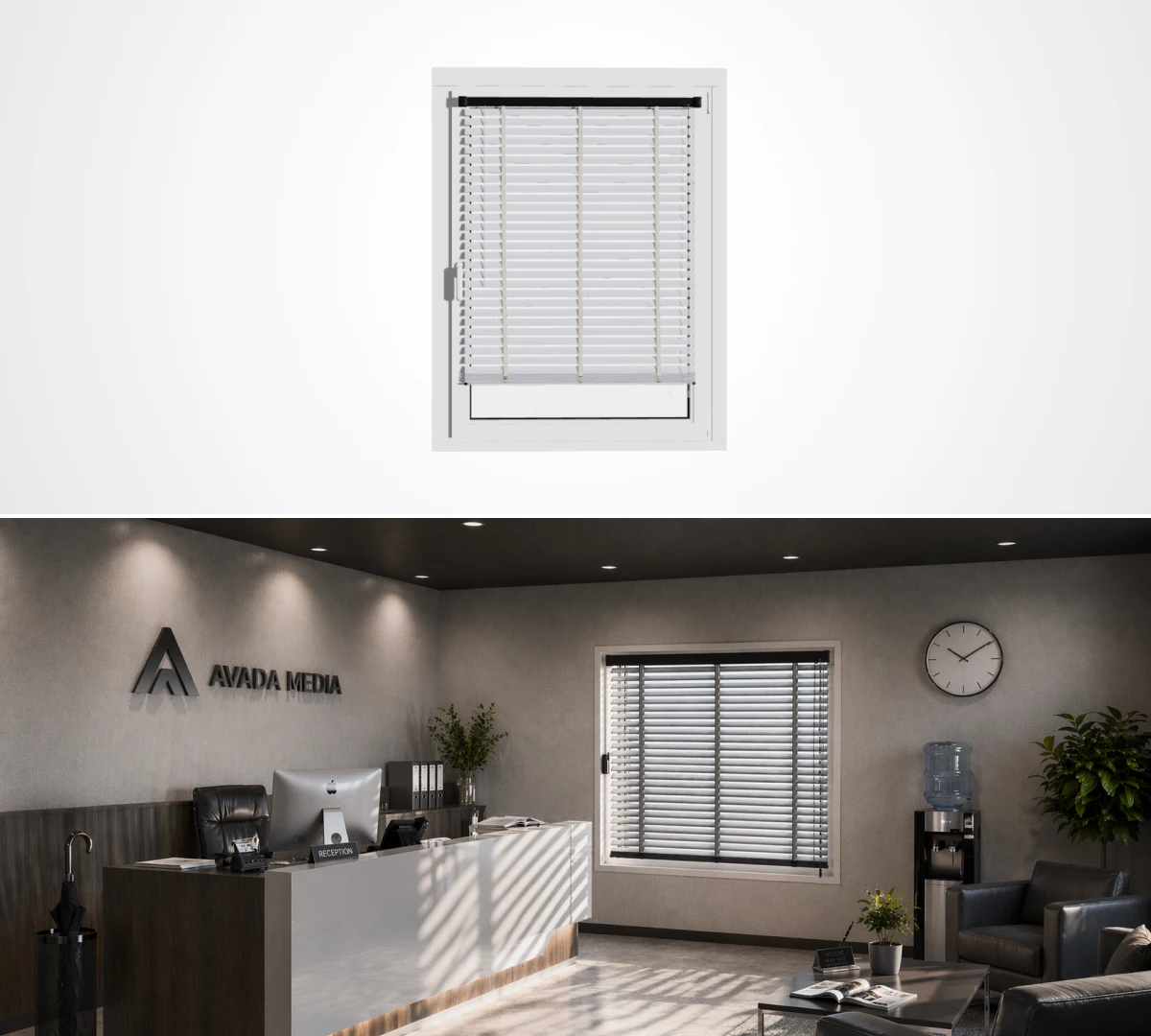 AI визуализация модели жалюзи в интерьере совмеменного офиса, сравнение модели и фотореалистичного рендера