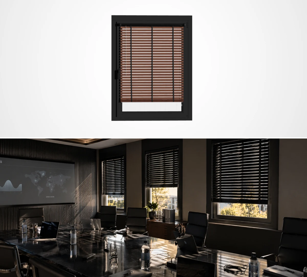 AI визуализация модели жалюзи в интерьере совмеменной комнаты для конференций, сравнение модели и фотореалистичного рендера
