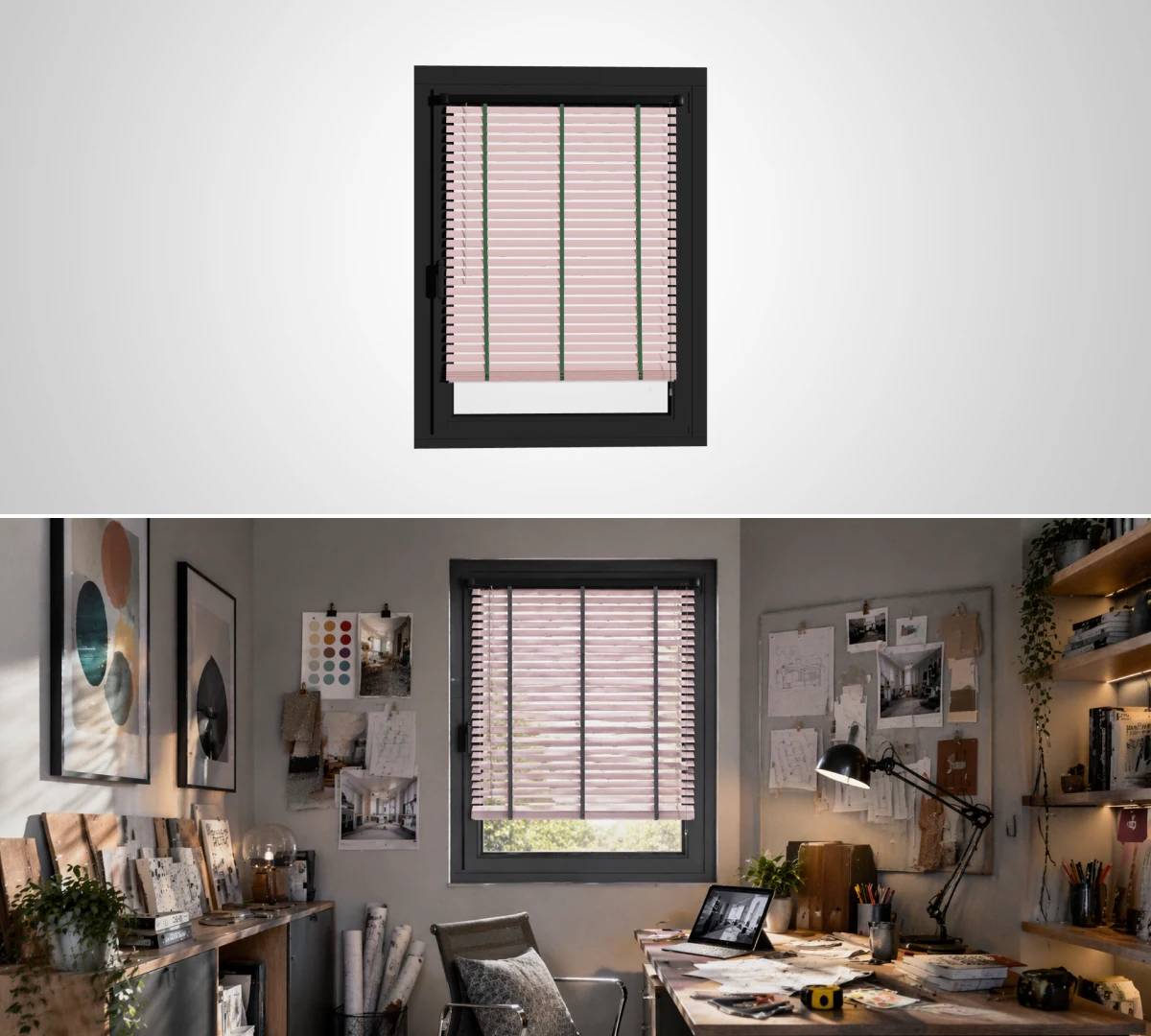 AI визуализация модели жалюзи в интерьере дизайнерской комнаты, сравнение модели и фотореалистичного рендера