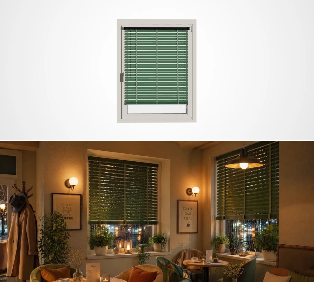 AI визуализация модели жалюзи в интерьере уютного кафе, сравнение модели и фотореалистичного рендера
