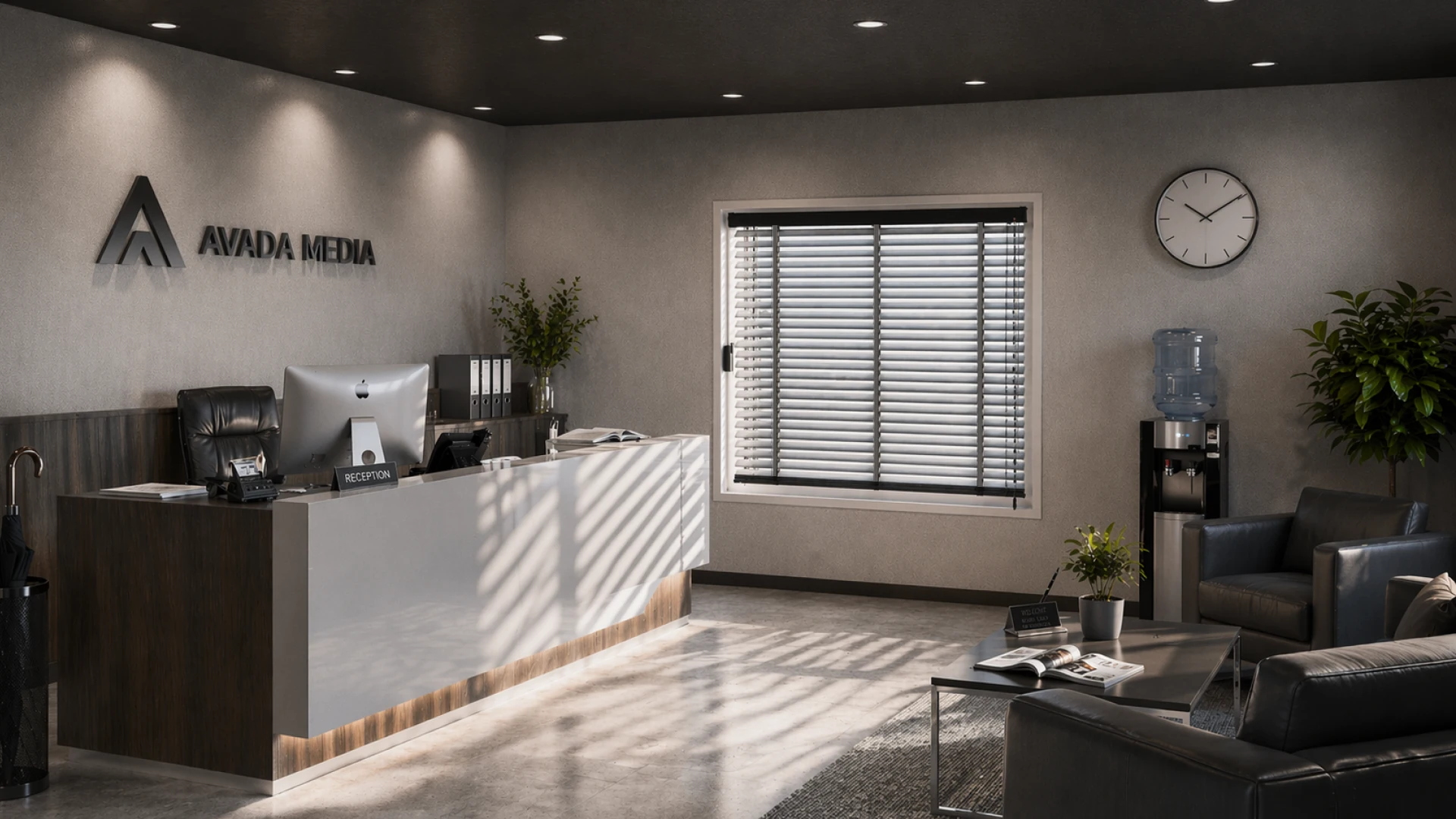 AI визуализация модели жалюзи в интерьере совмеменного офиса