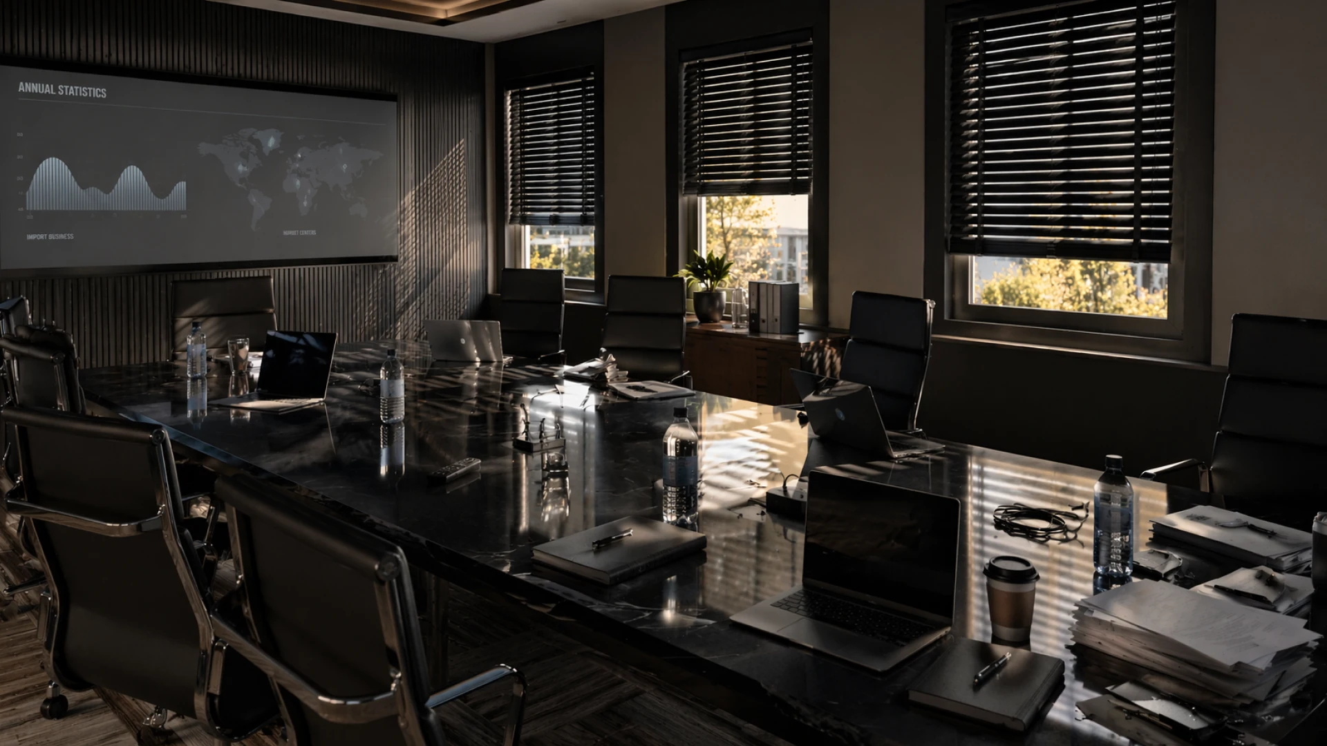 AI визуализация модели жалюзи в интерьере совмеменной комнаты для конференций