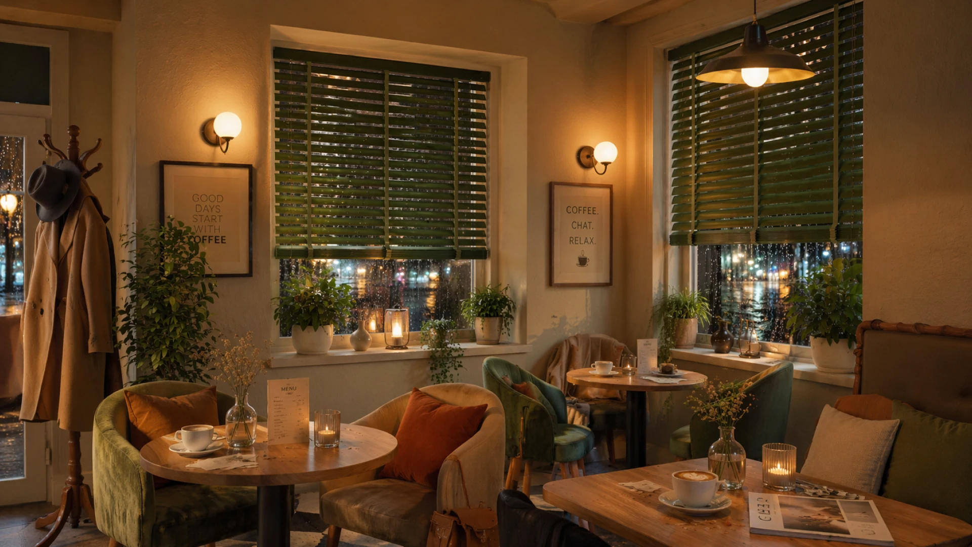 AI визуализация модели жалюзи в интерьере уютного кафе