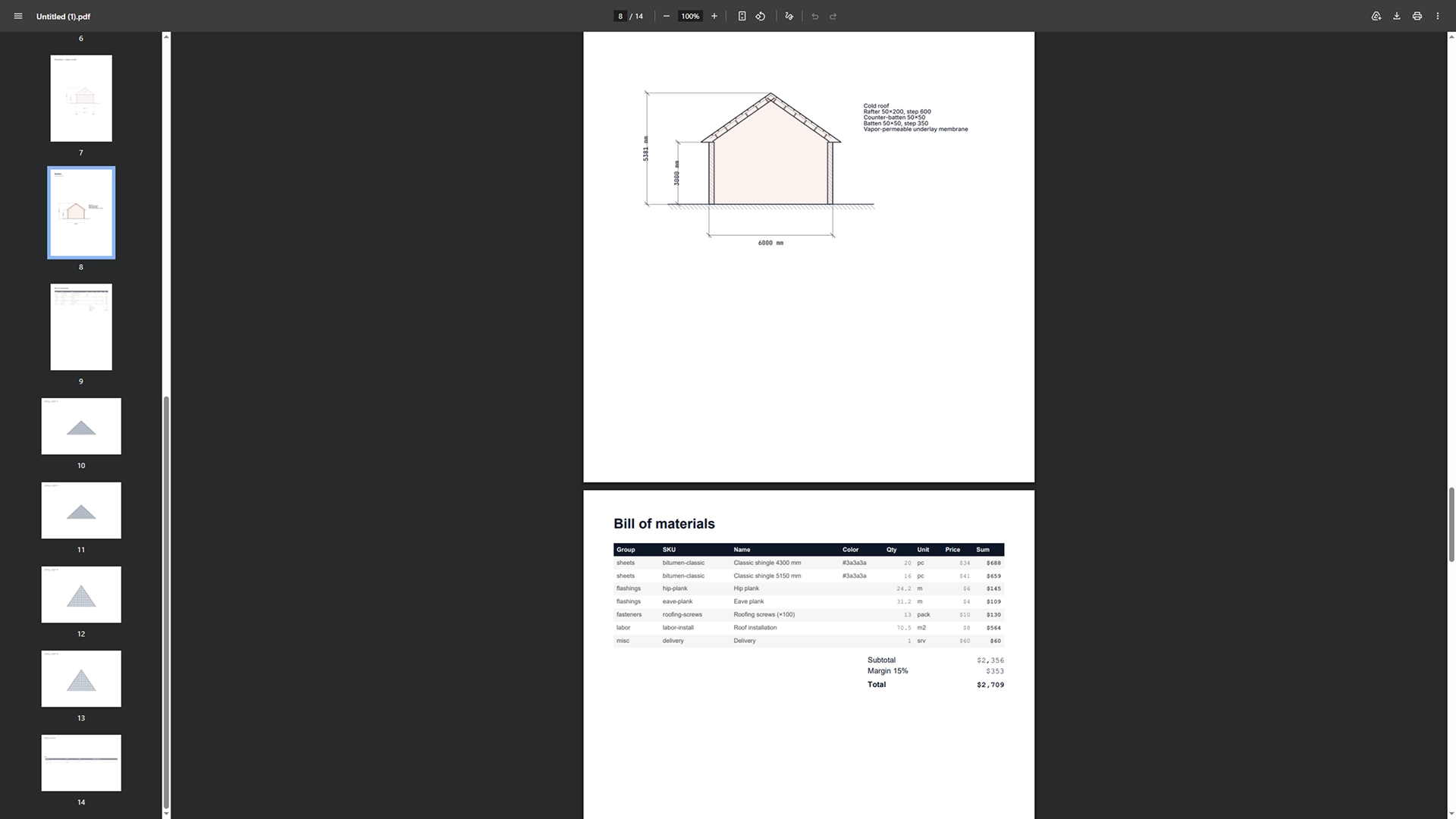 Generating PDFs and exporting documentation in a CAD system for roof manufacturing