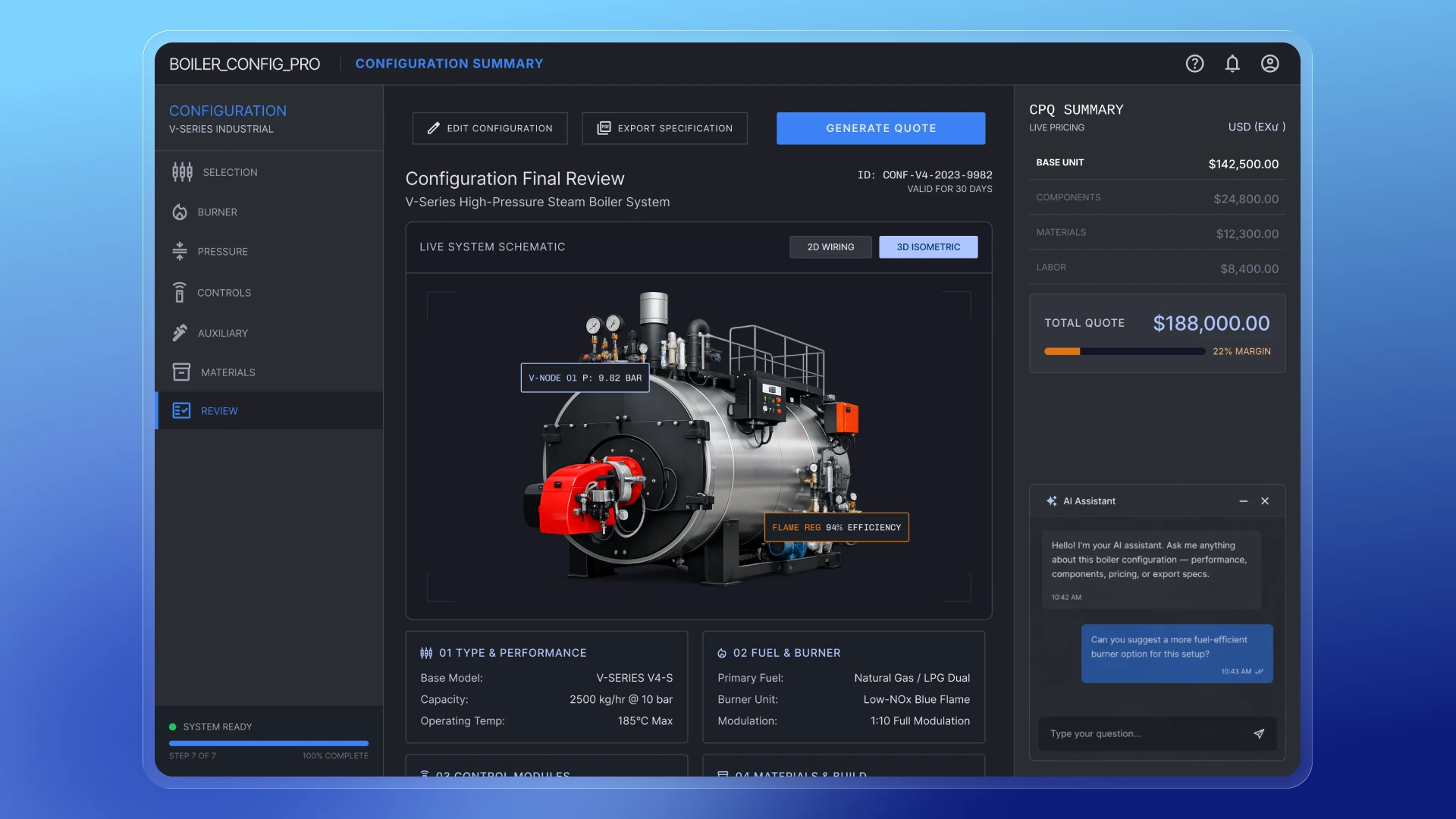 CPQ конфігуратор промислового обладнання з AI, автоматичний розрахунок ціни та генерація комерційної пропозиції