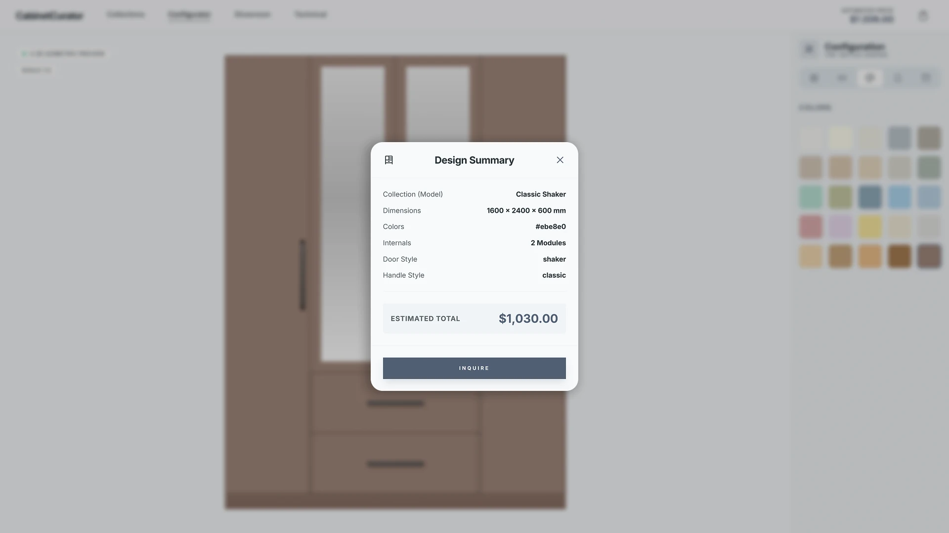 CPQ дизайн конфігуратор меблів, підсумок конфігурації та розрахунок вартості онлайн