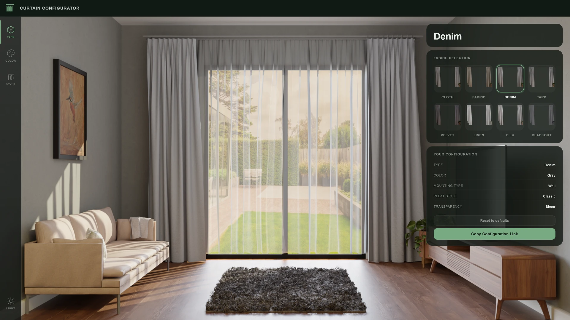 Interactive 2D curtain configurator: selecting Denim fabric in a modern living room interior