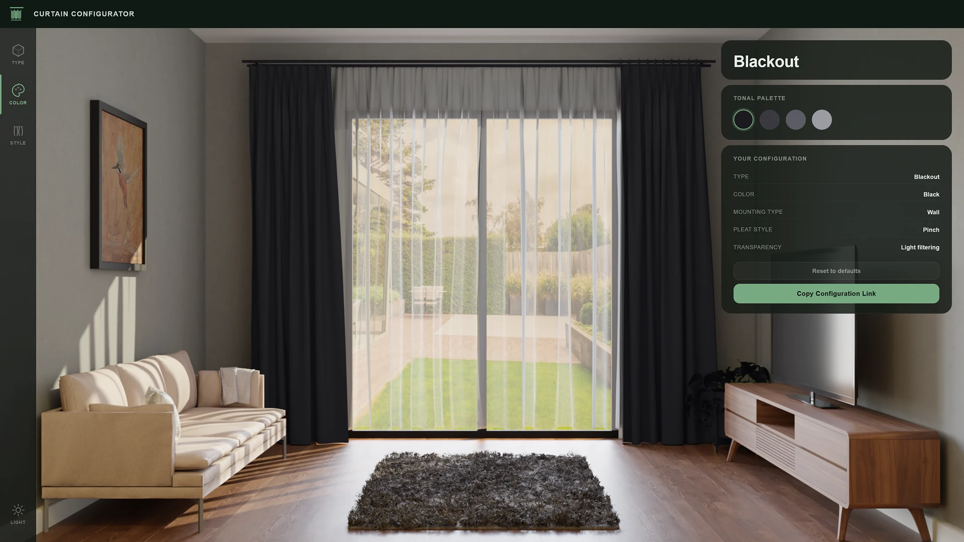 Online curtain configurator: blackout dark curtains with transparency and style customization