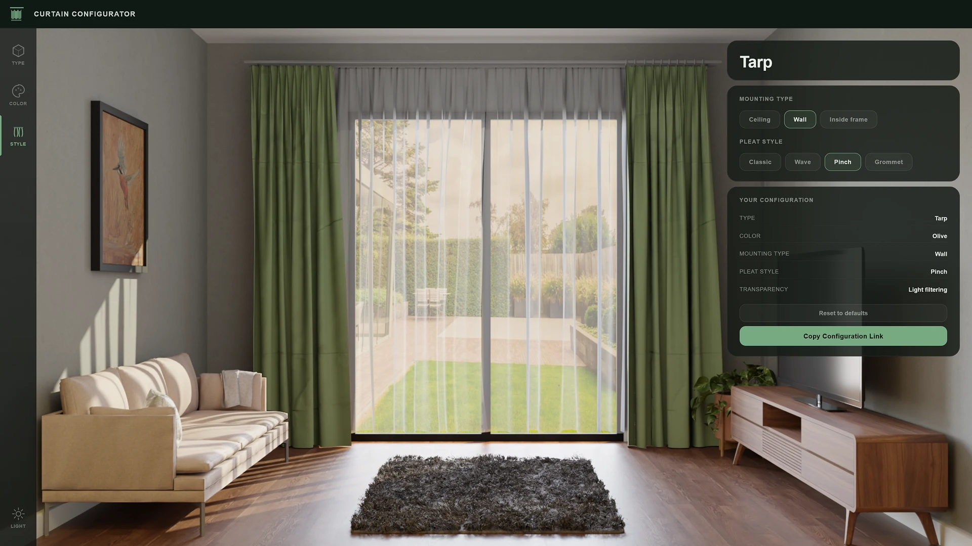2D curtain configurator: olive Tarp curtains with mounting and pleat style settings