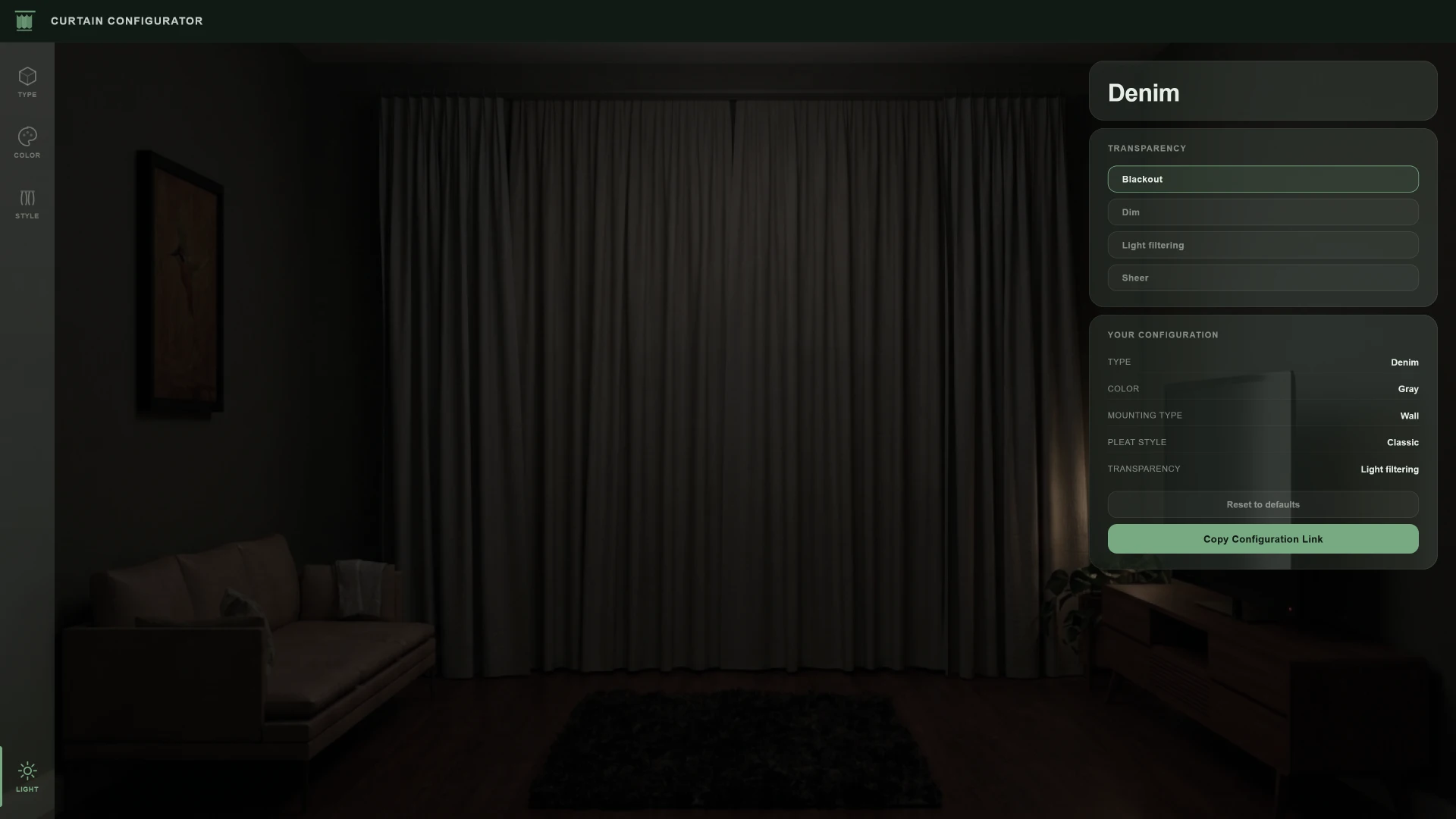 Curtain visualization in night mode: blackout effect in curtain configurator