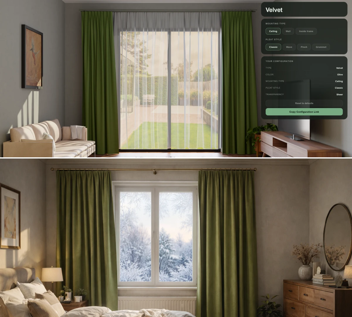 Velvet curtain configurator: bedroom use case with realistic interior visualization