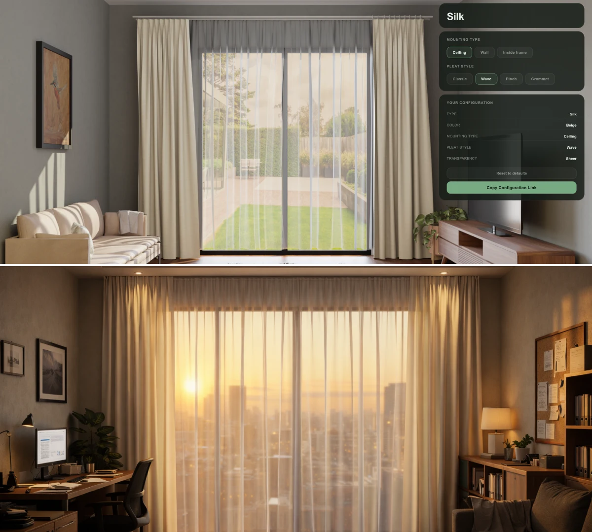 Silk curtains in 2D configurator: light sheer curtains in interior with city view
