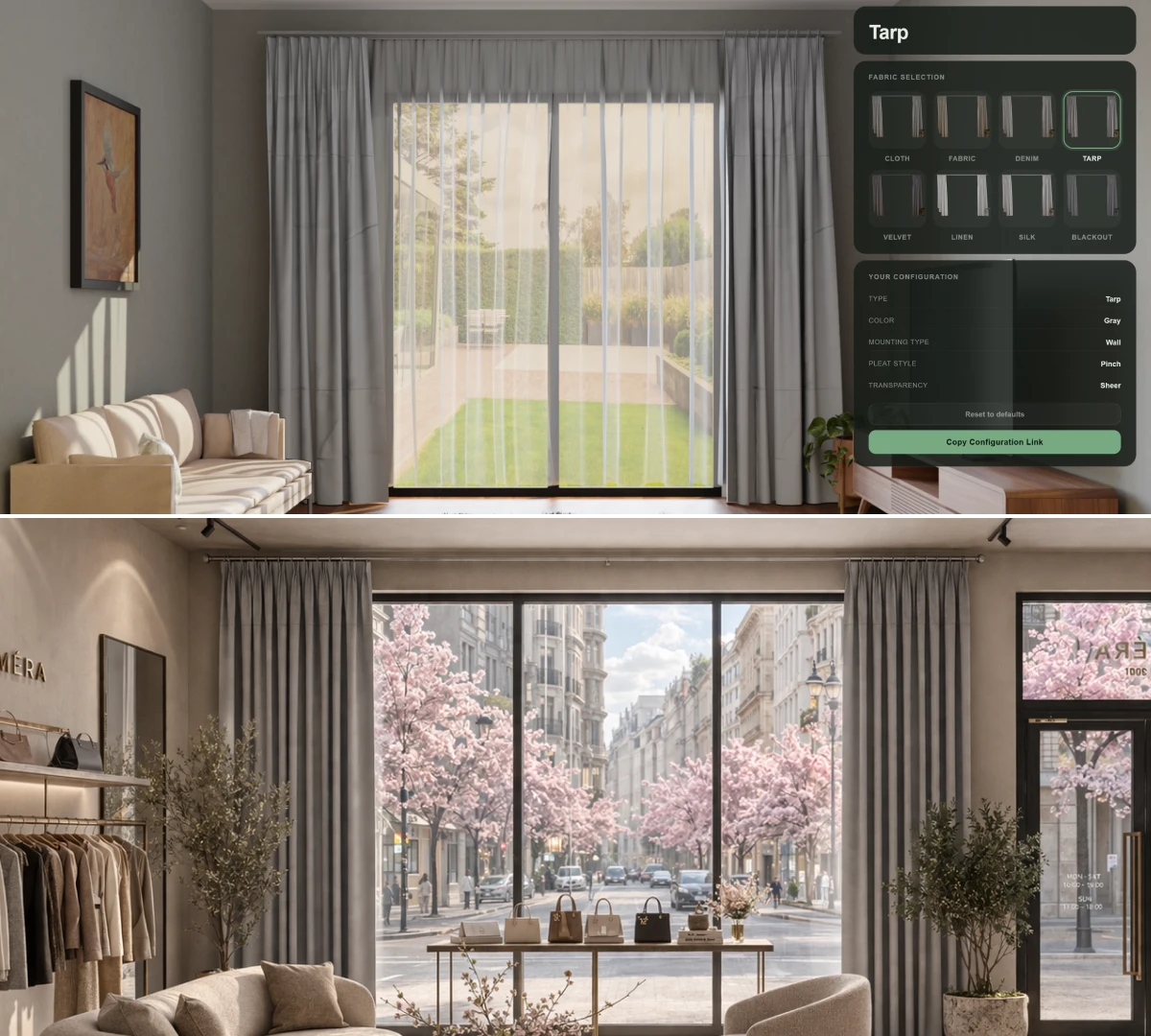 Curtain configurator for commercial interiors: gray Tarp curtains in showroom