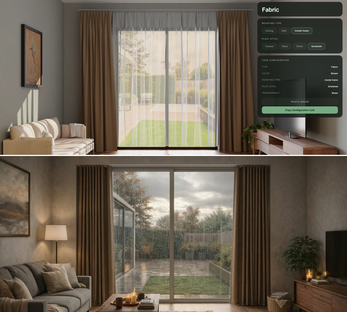 Curtain fabric customization in configurator: brown Fabric curtains in cozy interior