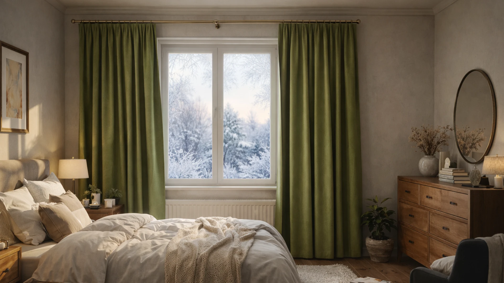 Bedroom interior design with olive curtains – example from curtain configurator