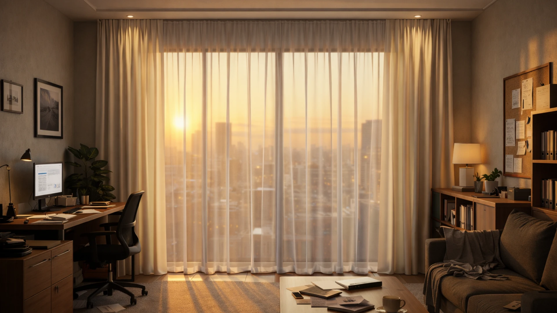 Modern office with sheer curtains at sunset – curtain configuration result