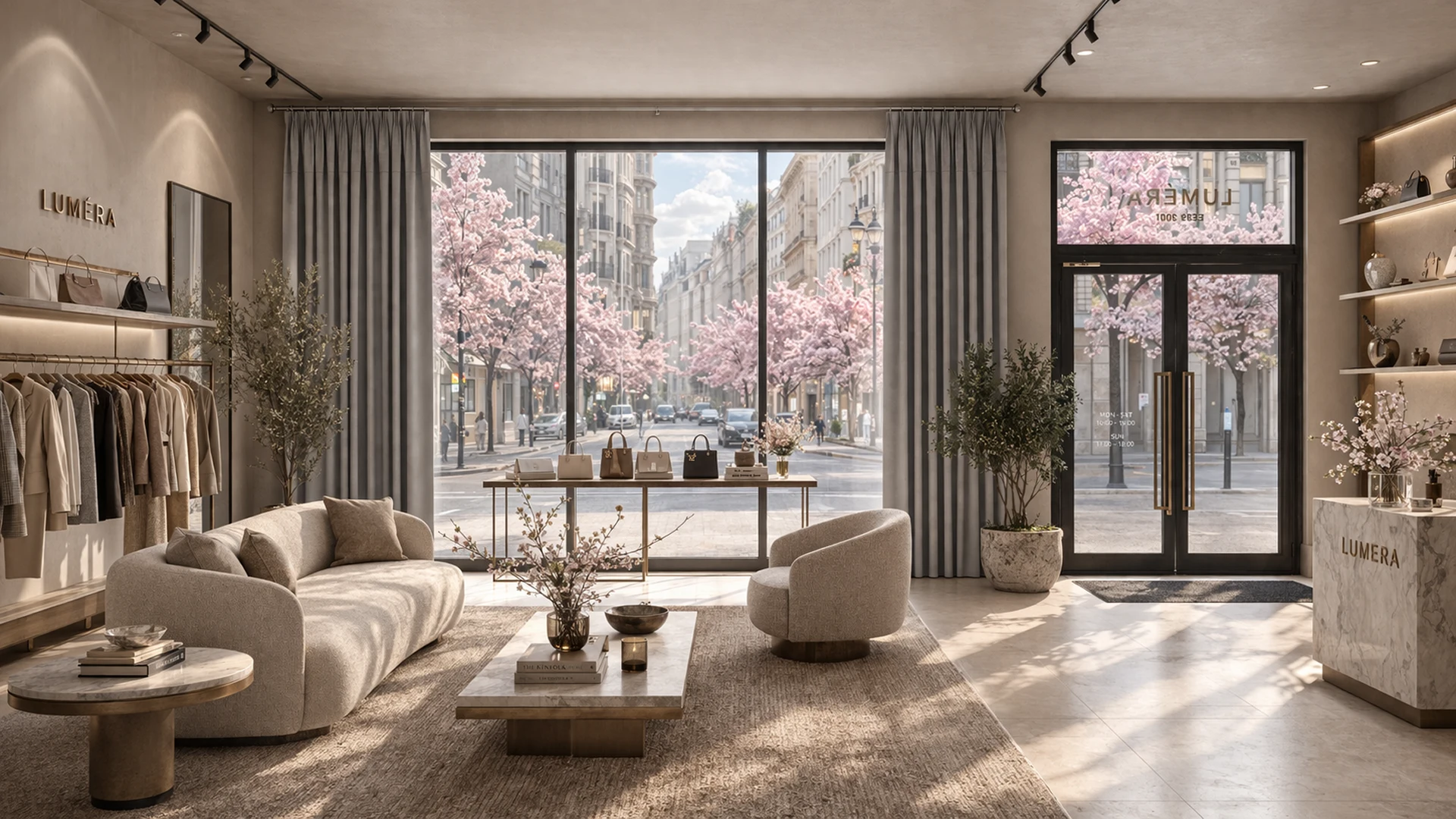 Panoramic windows with curtains in showroom – curtain configurator use case