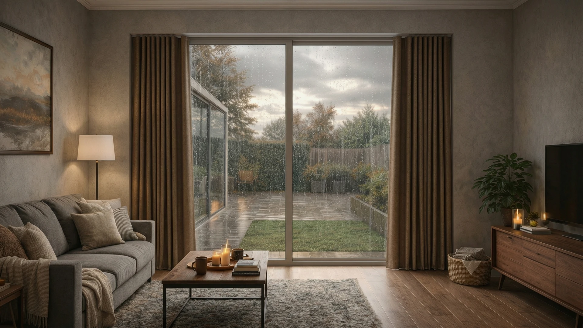 Cozy living room with curtains and rainy window – photorealistic curtain visualization