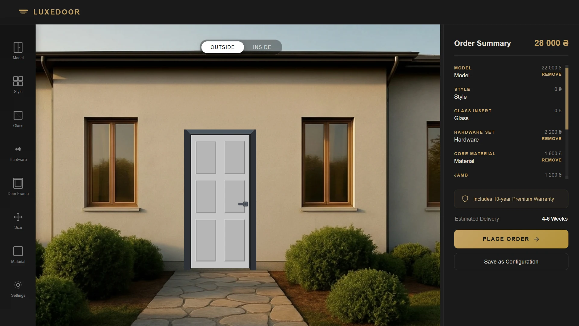 Entrance door configurator with material, texture and size selection