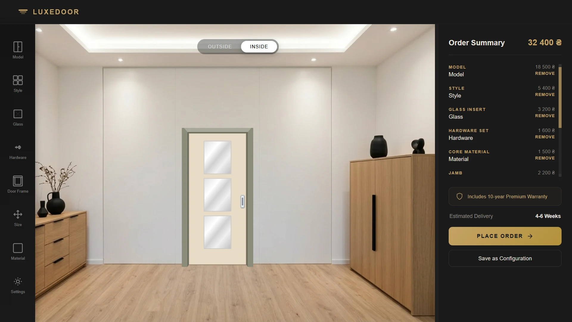 Online door parameter selection with price calculation in configurator
