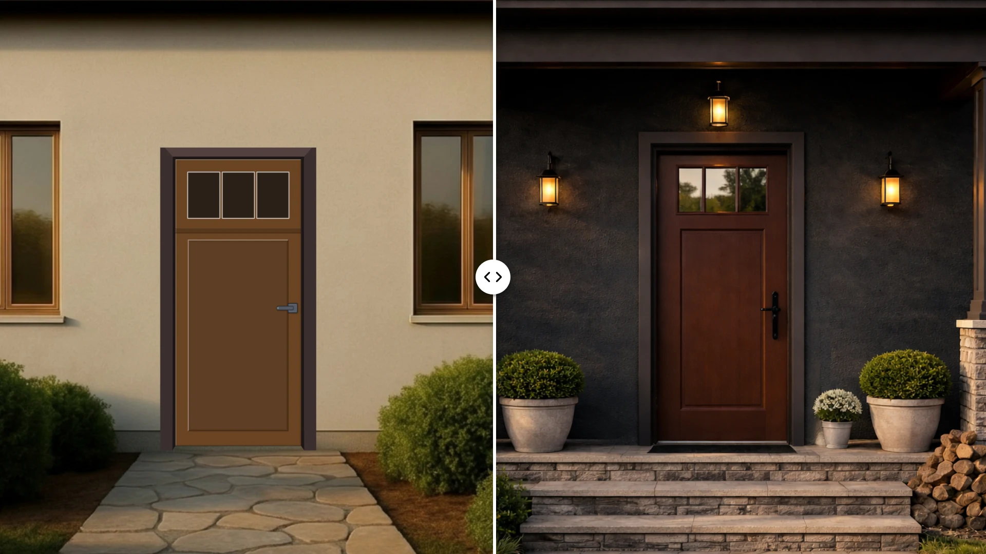 LUXEDOOR door configurator: comparison of 2D model and photorealistic render of exterior front door design