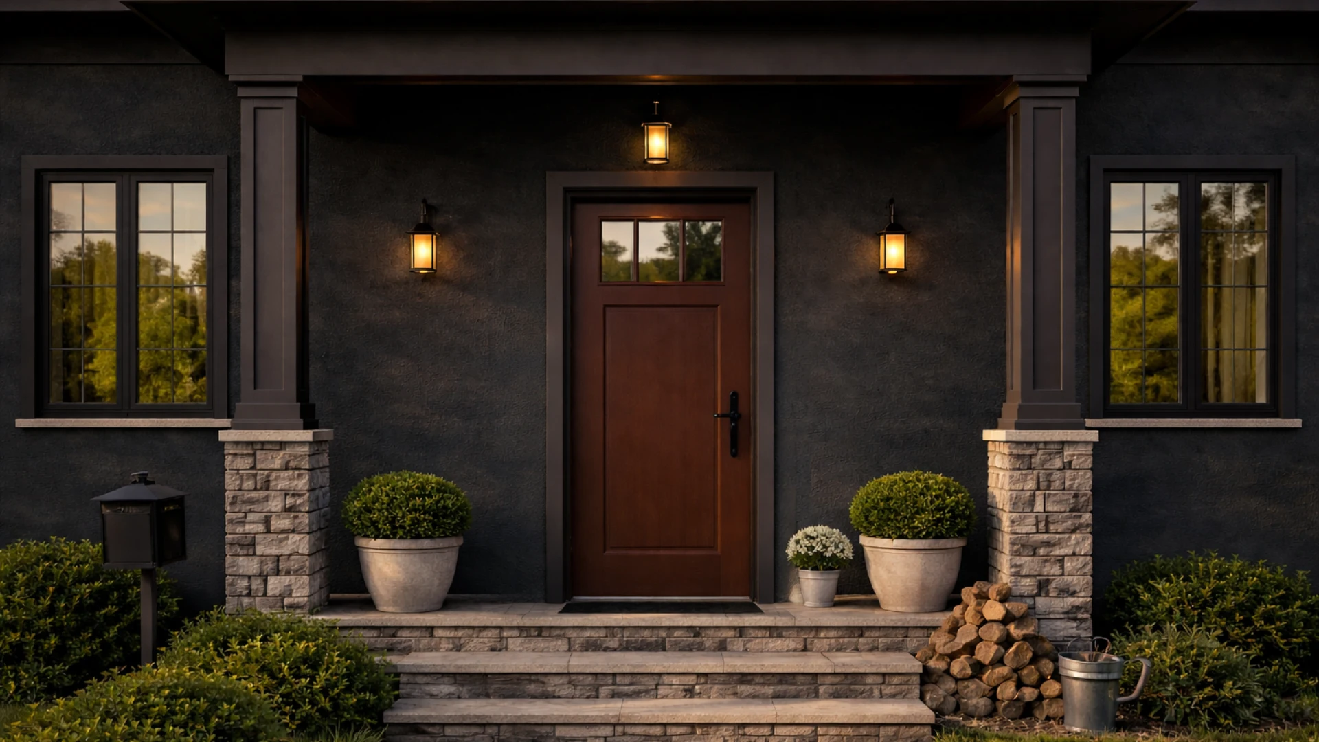 Premium exterior door with lighting in dark facade – result of LUXEDOOR door configurator rendering