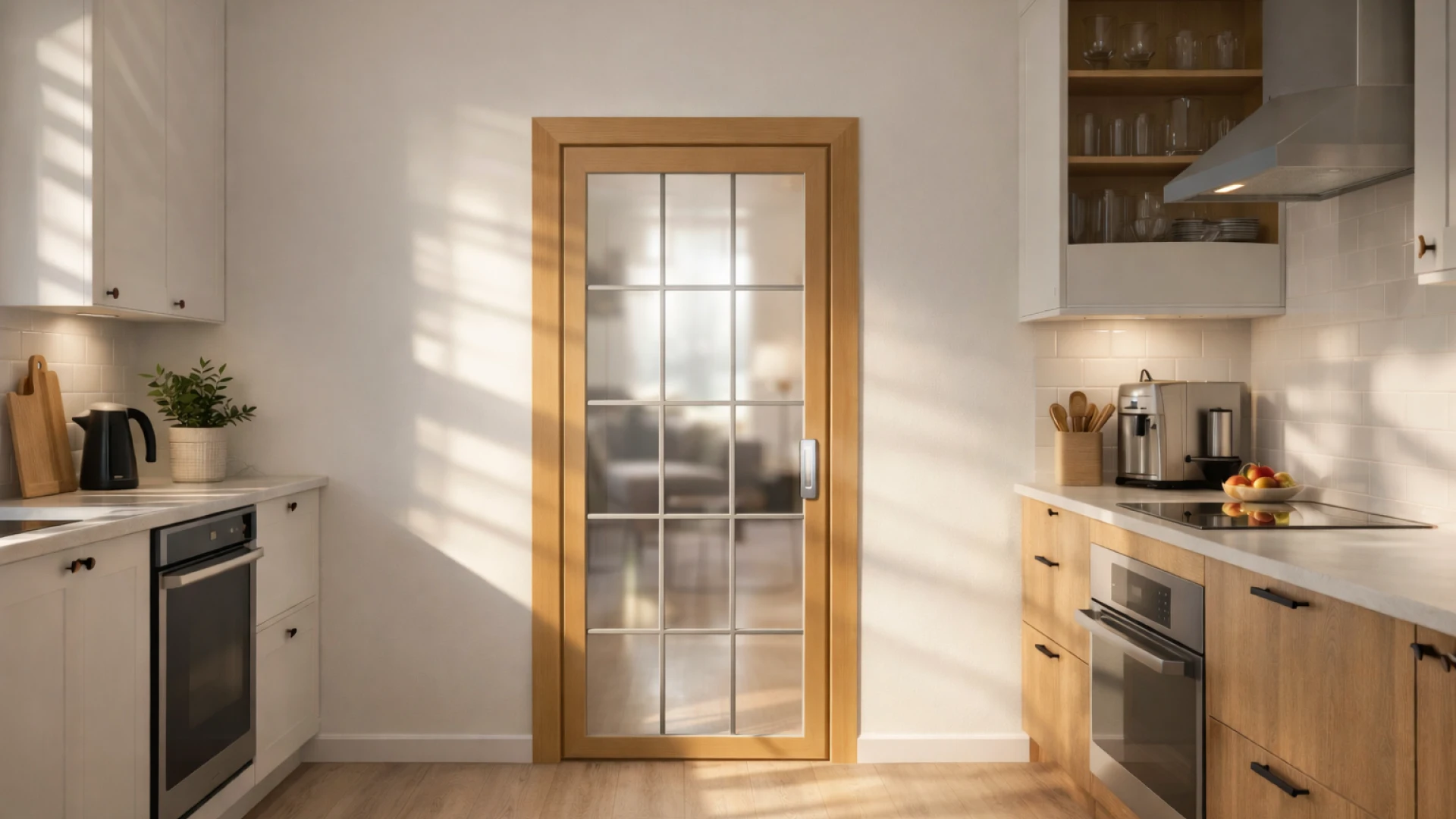 Glass interior kitchen door with natural lighting – visualization created in LUXEDOOR configurator