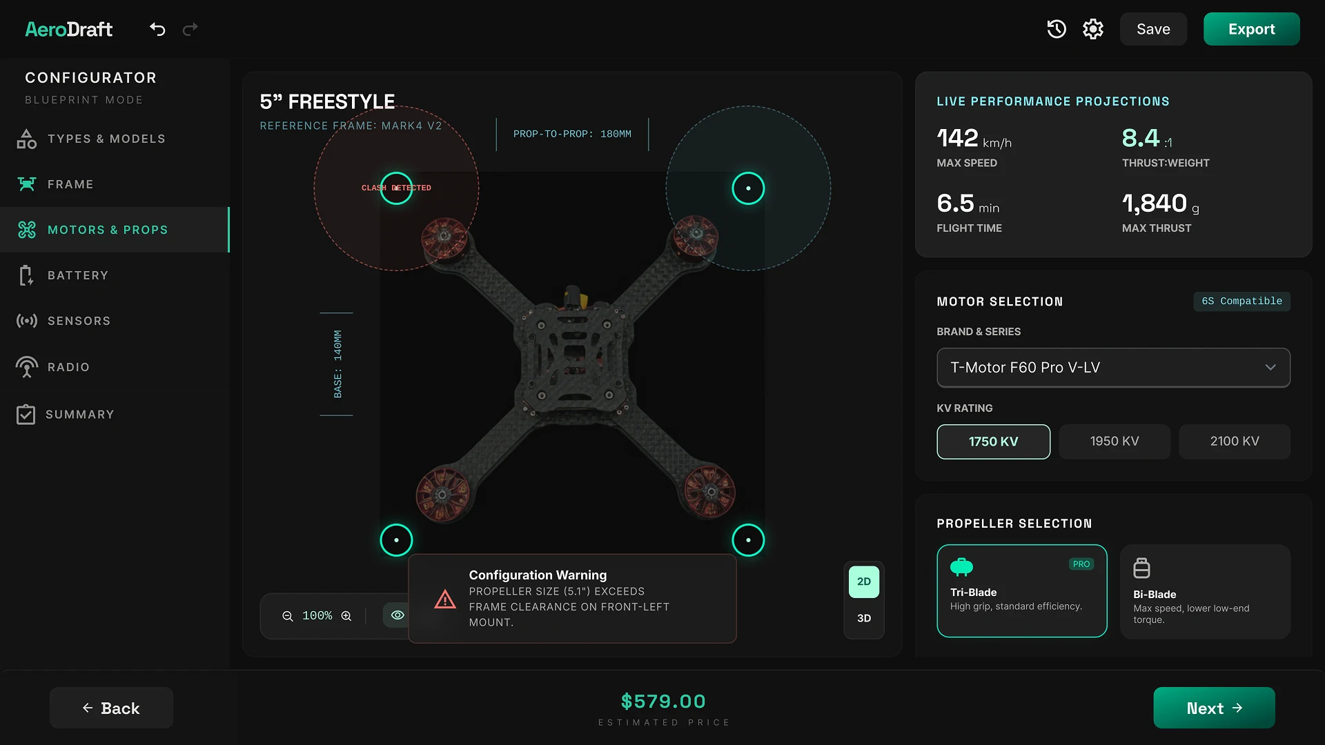 Configuring drone technical parameters in the online configurator