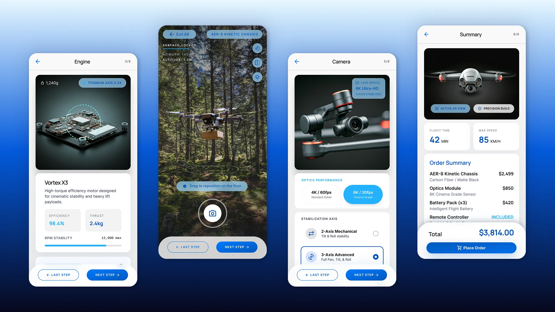 Mobile drone configurator with interactive AR viewing and parameter settings