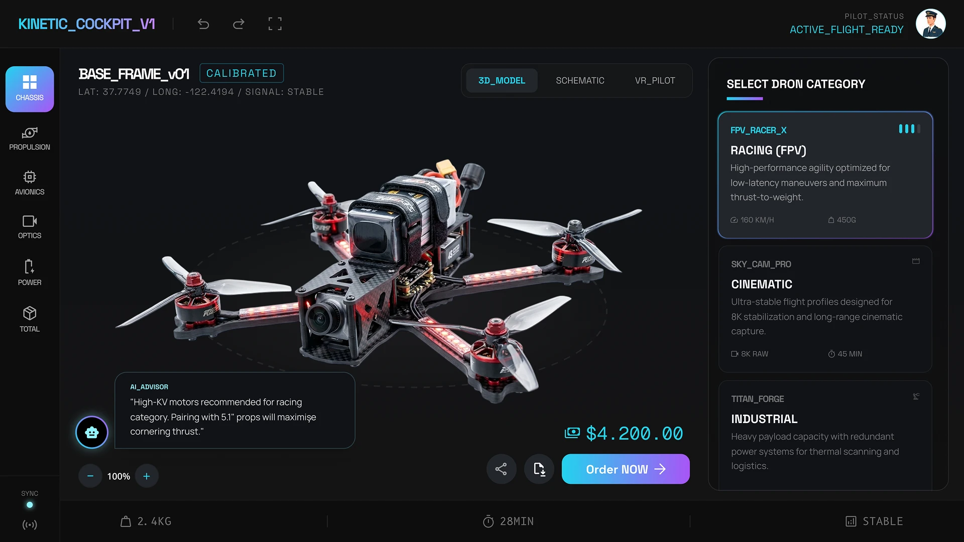 3D visualization of a drone in the configurator with model rotation