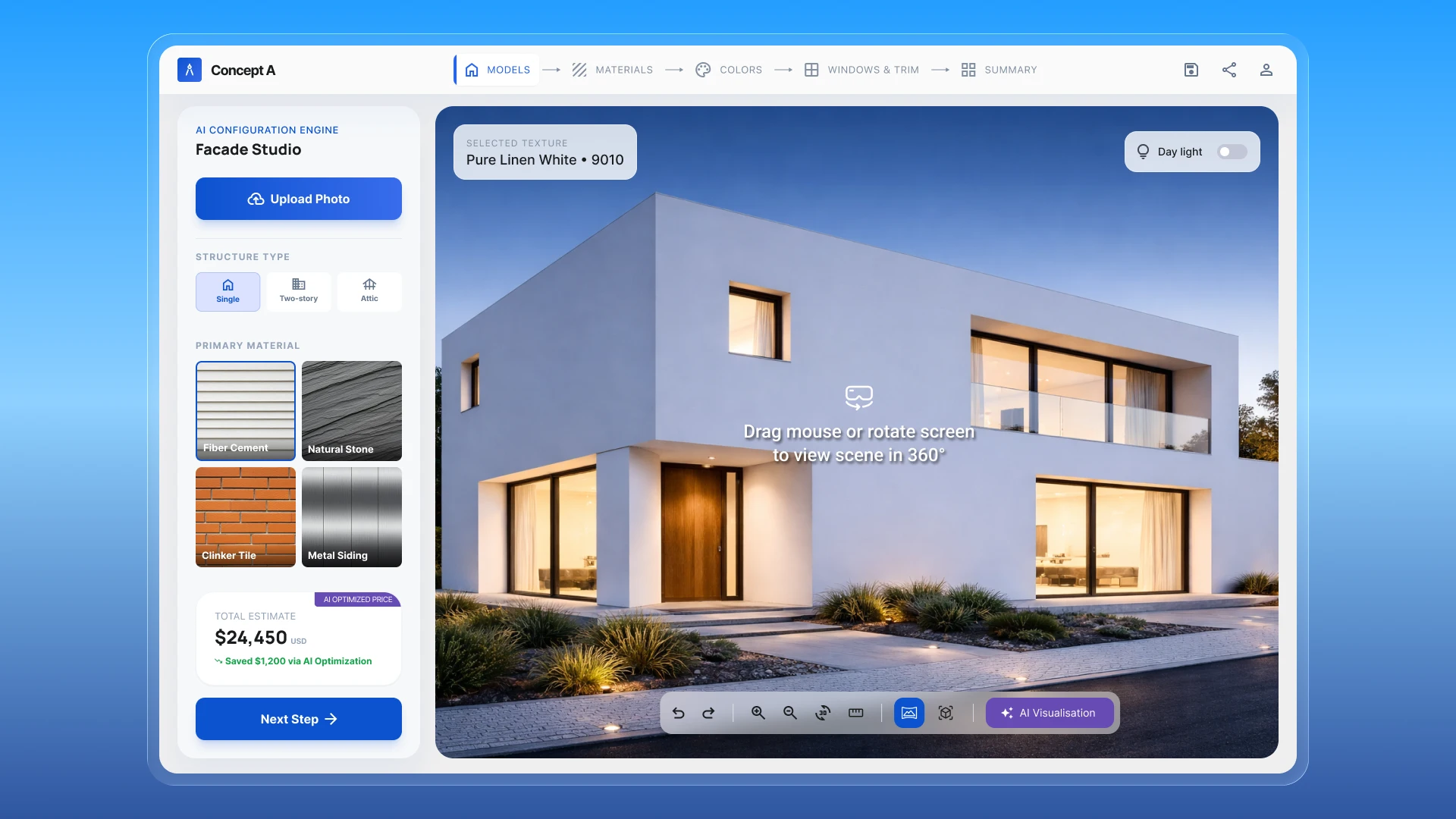 Online home façade configurator – 3D visualization of a modern exterior and real-time material selection