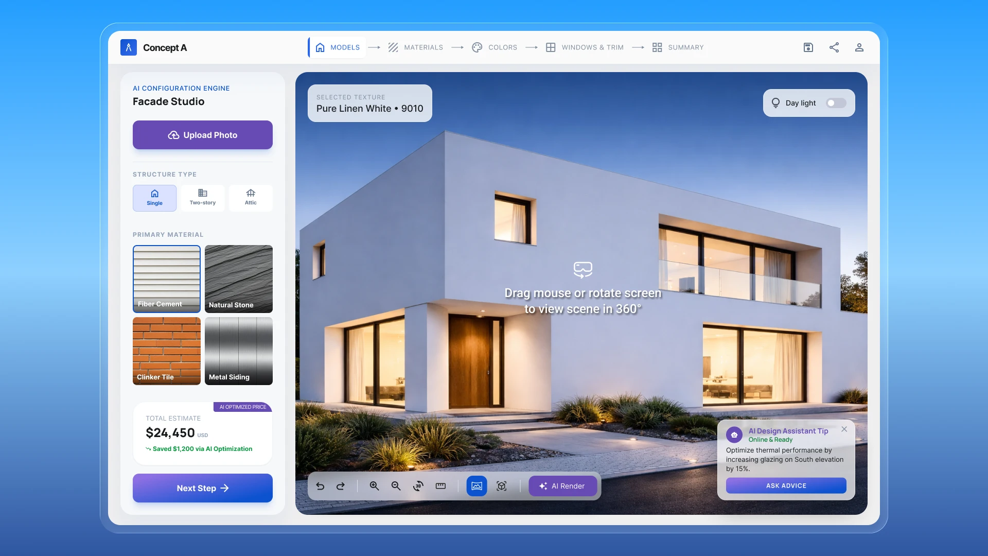 Online home façade configurator – 3D visualization of a modern exterior and real-time material selection