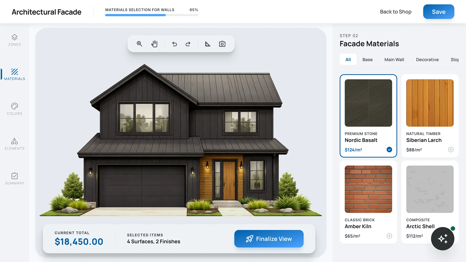 2D façade material configurator – select home finishes, textures, and calculate façade costs