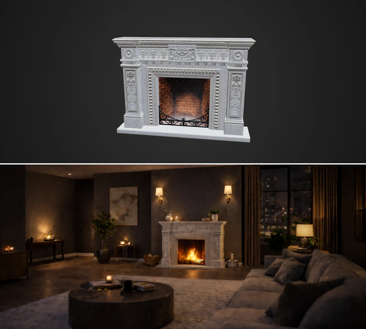 Fireplace visualization from a 3D builder in a residential interior