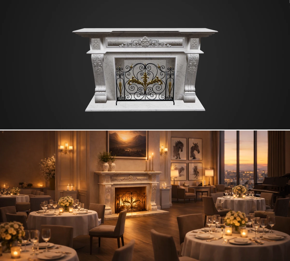 Realistic fireplace render created in a 3D configurator
