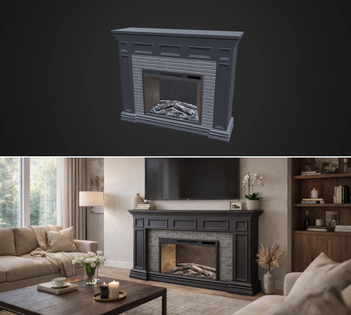 Fireplace from an online 3D configurator in a living room interior