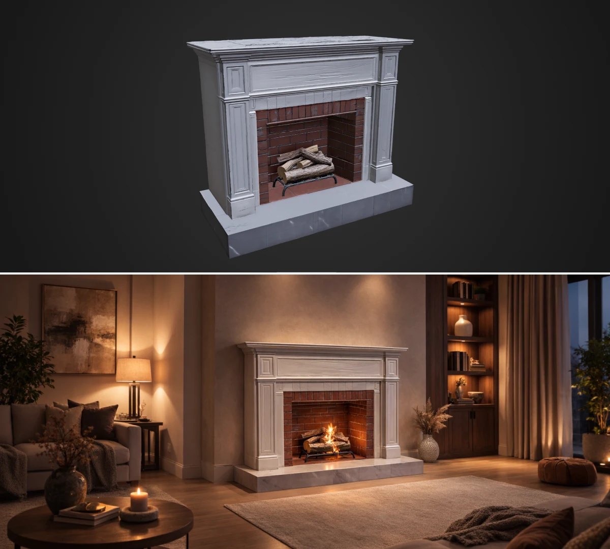 3D fireplace model integrated into a real room design