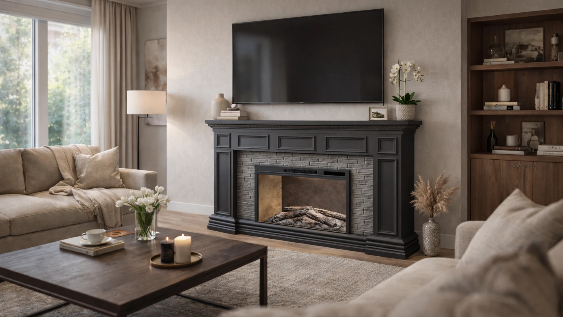 Fireplace from an online 3D configurator in a living room interior
