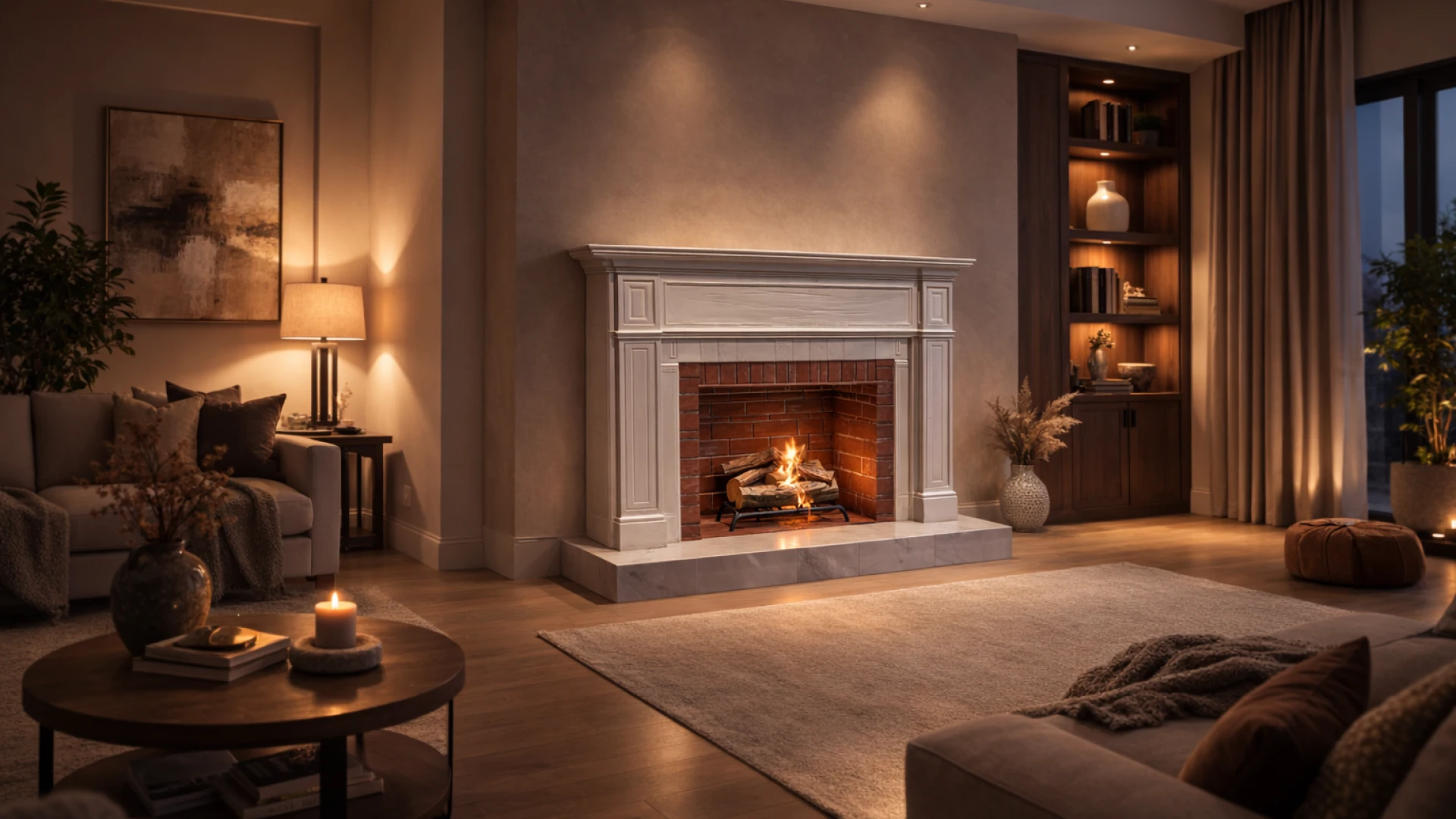 3D fireplace model integrated into a real room design