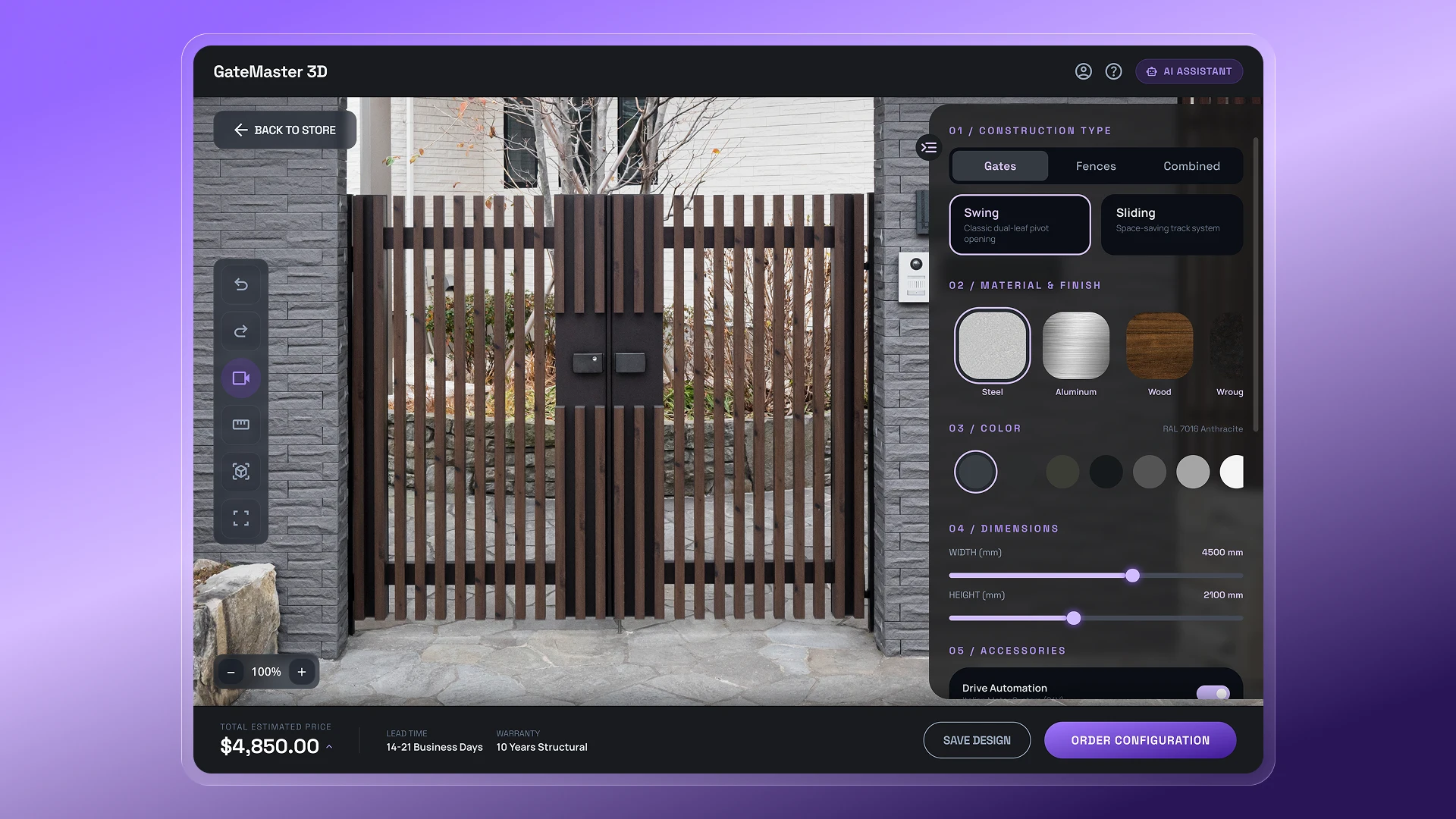 3D-конфигуратор ворот с выбором типа конструкции, материалов, цвета, размеров и AI-помощником для индивидуального дизайна
