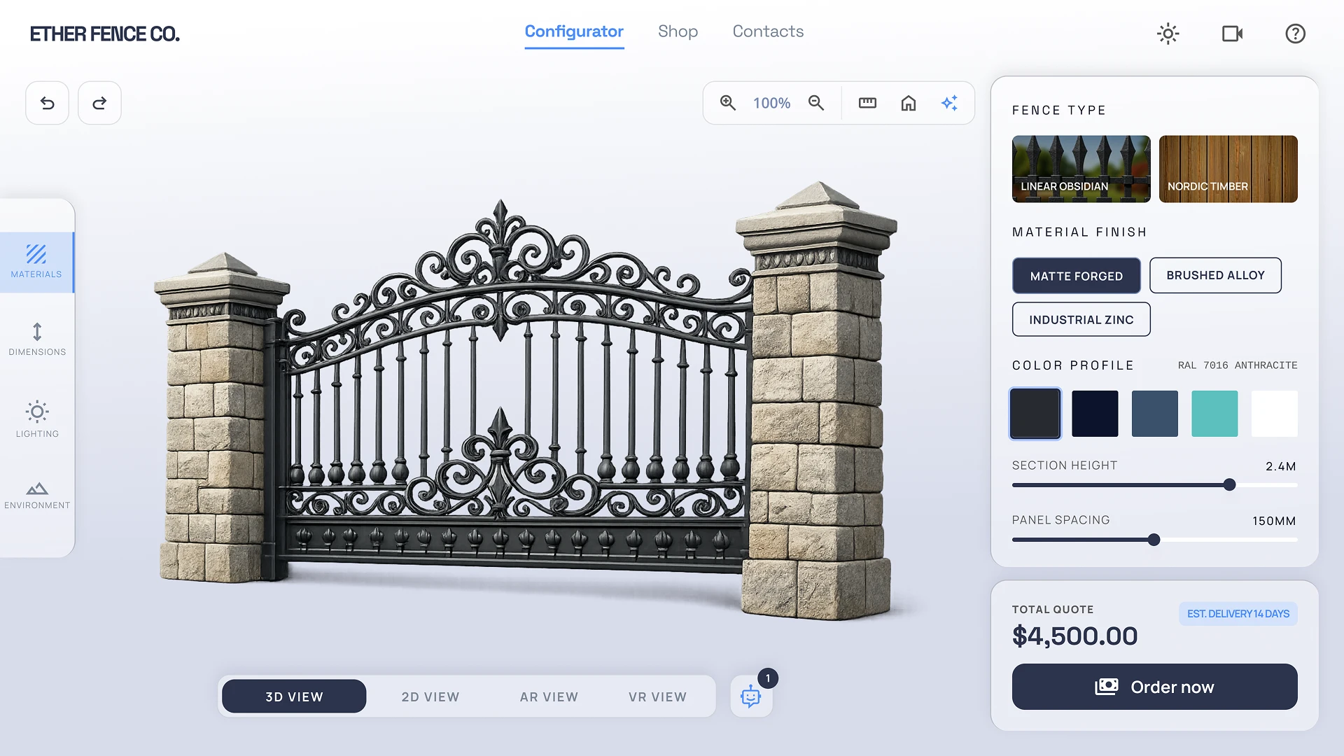 Пример современного 3D-конфигуратора для ворот и ограждений с кастомизацией дизайна, материалов, цветов и параметров конструкции