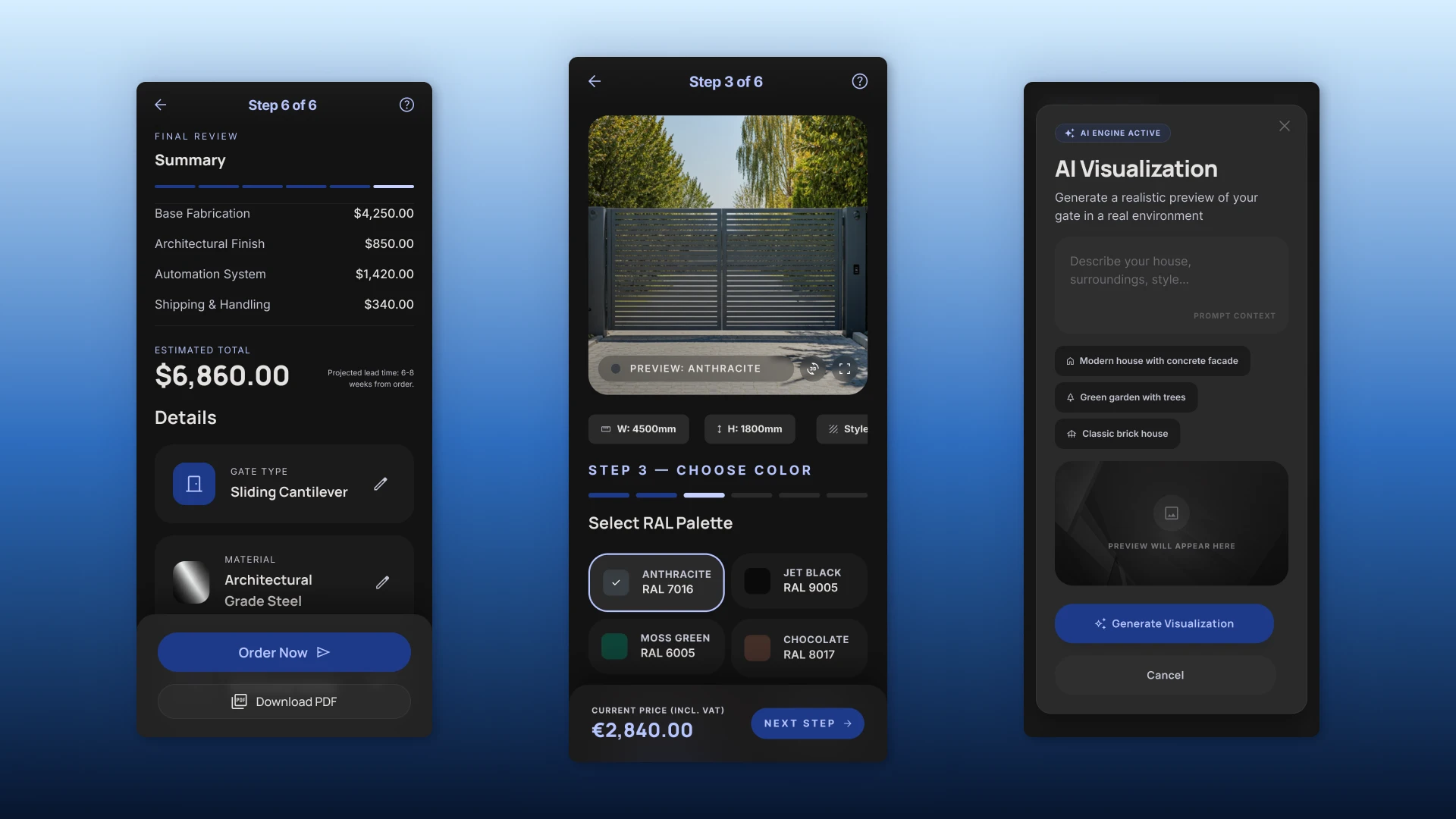 Мобільний конфігуратор воріт з покроковим налаштуванням, вибором кольору, розрахунком ціни та AI-візуалізацією у реальному оточенні