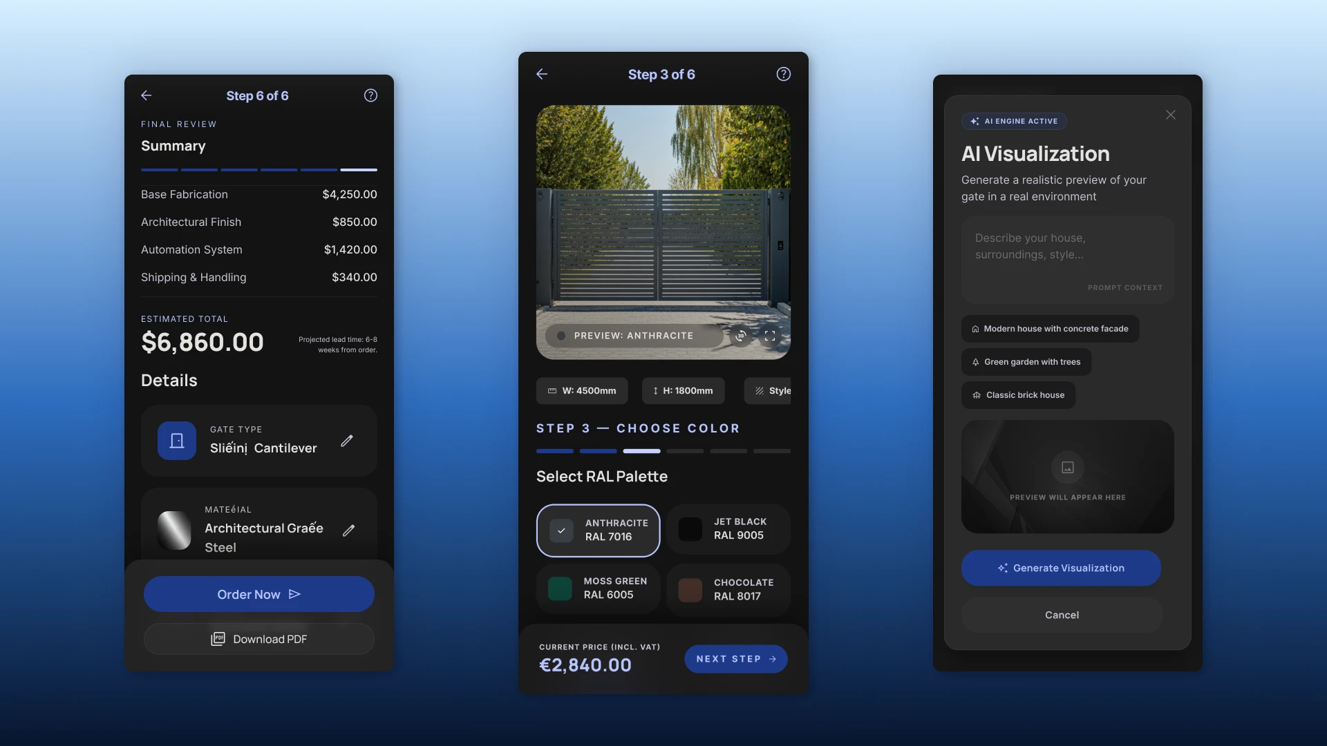 Мобильный конфигуратор ворот с пошаговой настройкой, выбором цвета, расчётом цены и AI-визуализацией в реальном окружении