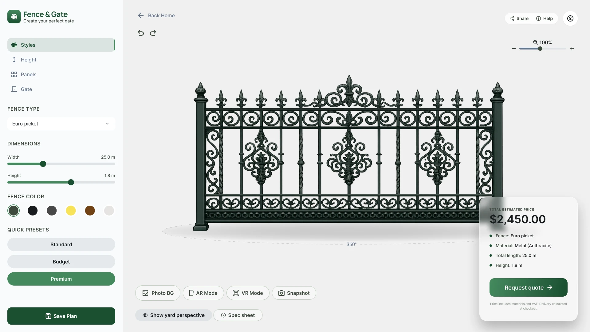 3D-конфигуратор ограждения с выбором стиля, размеров, цвета, пресетов и расчётом стоимости металлических секций