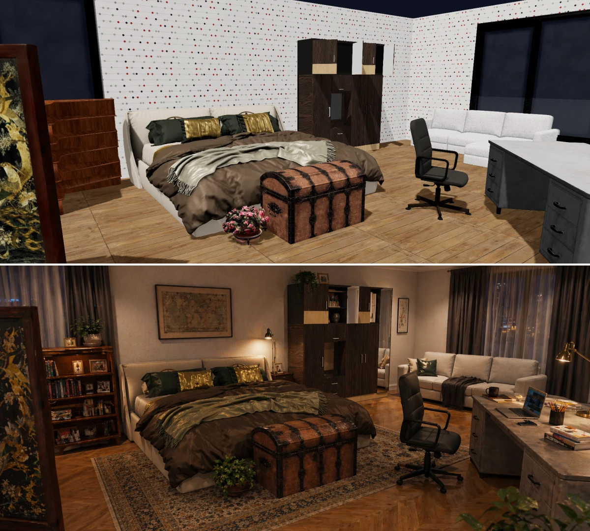 AI interior visualization, generating photorealistic bedroom design