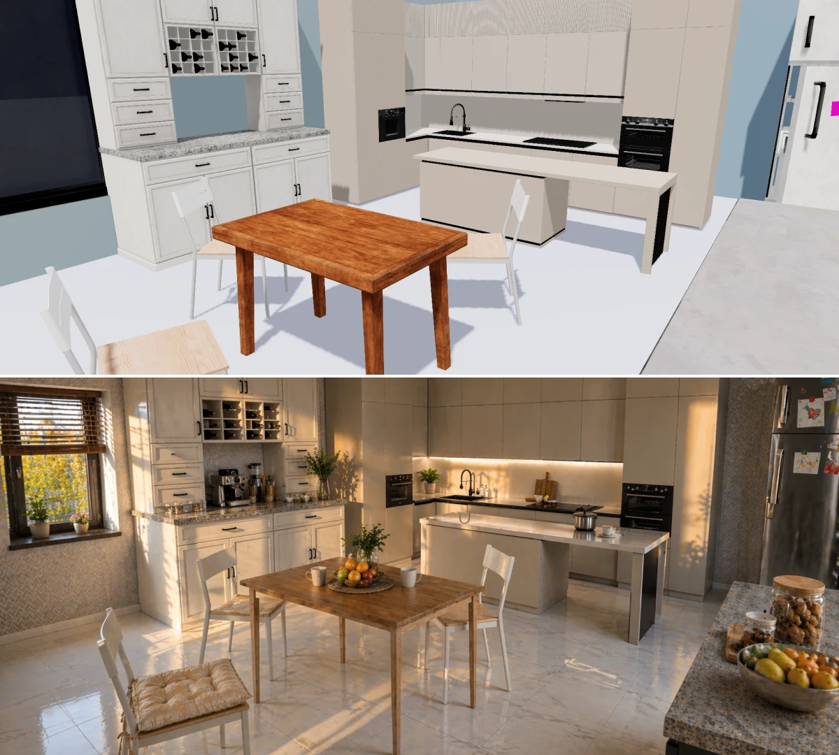 AI kitchen render online, transforming 3D model into realistic interior